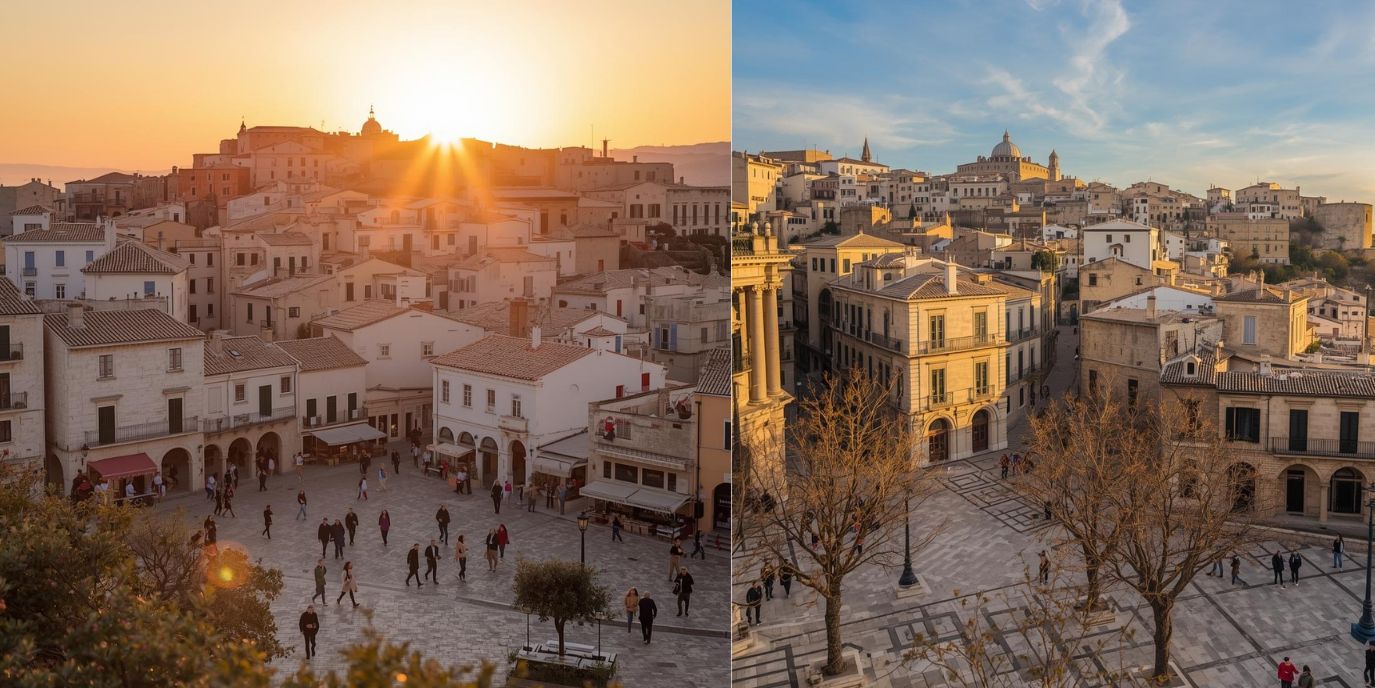 Historic town square in Puglia during spring