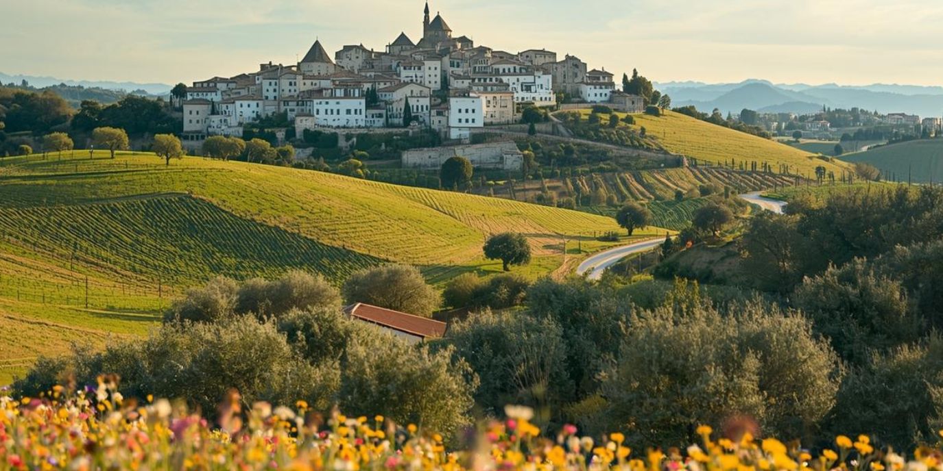 Spring countryside landscape in Puglia with olive groves and wildflowers
